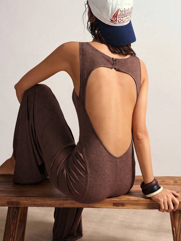 Bohemela Mono de pierna ancha sin espalda y sin mangas de punto de unicolor para mujer - Café integral - Añade 4