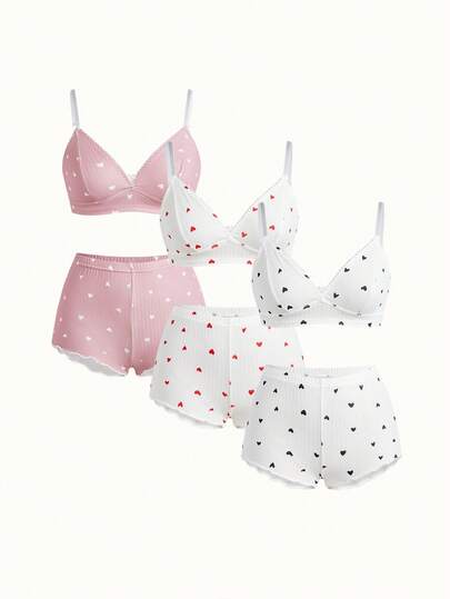 Bonmuse 3pcs/Set Women Solid Heart Print Ruffle Trim Lingerie Bra And Elastic Waist Shorts Pajama Set Two Pieces Set Women 2 Pieces Set, Kawaii