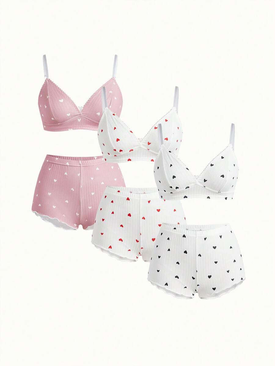 Bonmuse 3pcs/Set Women Solid Heart Print Ruffle Trim Lingerie Bra And Elastic Waist Shorts Pajama Set Two Pieces Set Women 2 Pieces Set, Kawaii - Multicolor - View 1