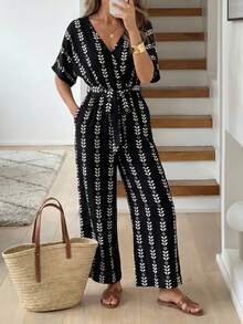 Women V-Neck Full Printed Jumpsuit,Casual - Black - View 2