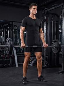 Gym Rark Men's Sauna Suit Full Body Waist Training Shirt With Zipper,Short Sleeve Compression Jumpsuit,Abdominal Control Shaping Tight Clothing For Fitness, Gym - Blue - View 4