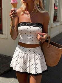 Hanevo Women's Lace Fitted Pleated Top, White Black Polka Dots, Summer, Sexy Chic, Club Golf, Vintage Cropped Blouse Party, Date, Havana Night - Multicolor - View 3