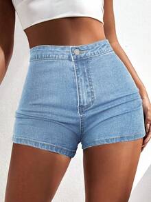SHEIN ICON Women's Fashionable Versatile Button & Zipper Casual Denim Shorts - Light Wash - View 1