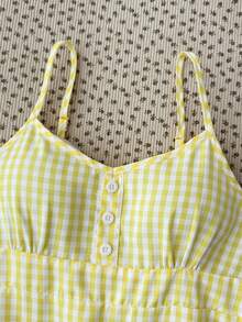 SHEIN 少女时尚休闲格子荷叶边吊带背心，适合春夏假期穿着 - 黃色 - 查看 4