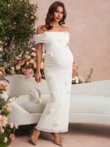 SHEIN Vestido elegante ajustado de maternidad con unicolor y aplicación en el hombro descubierto - Blanco - Ver 3