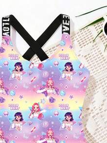 少女夏季海滩度假 K-Pop 卡通人物渐变印花字母交叉露背连体泳衣 - 彩色 - 查看 3