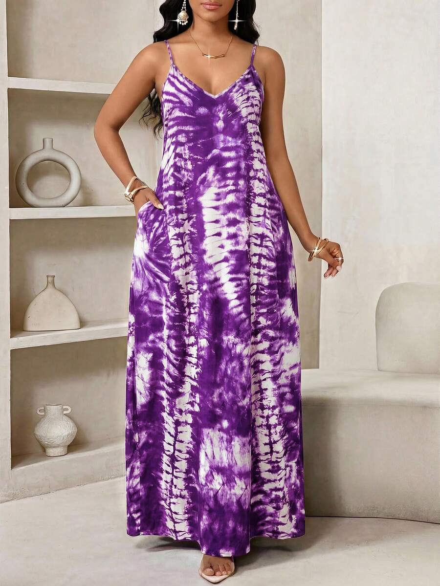 SHEIN Lady Đầm slip nữ kiểu tie-dye có túi, thích hợp cho kỳ nghỉ. - Màu tím - Xem 1