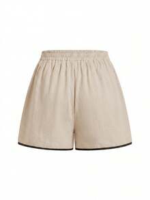 Ellevyn Bộ đồ nữ mùa hè kiểu dáng thường ngày, áo tank top cổ tròn phối viền tương phản và quần short (2 món) - Màu be - Xem 3