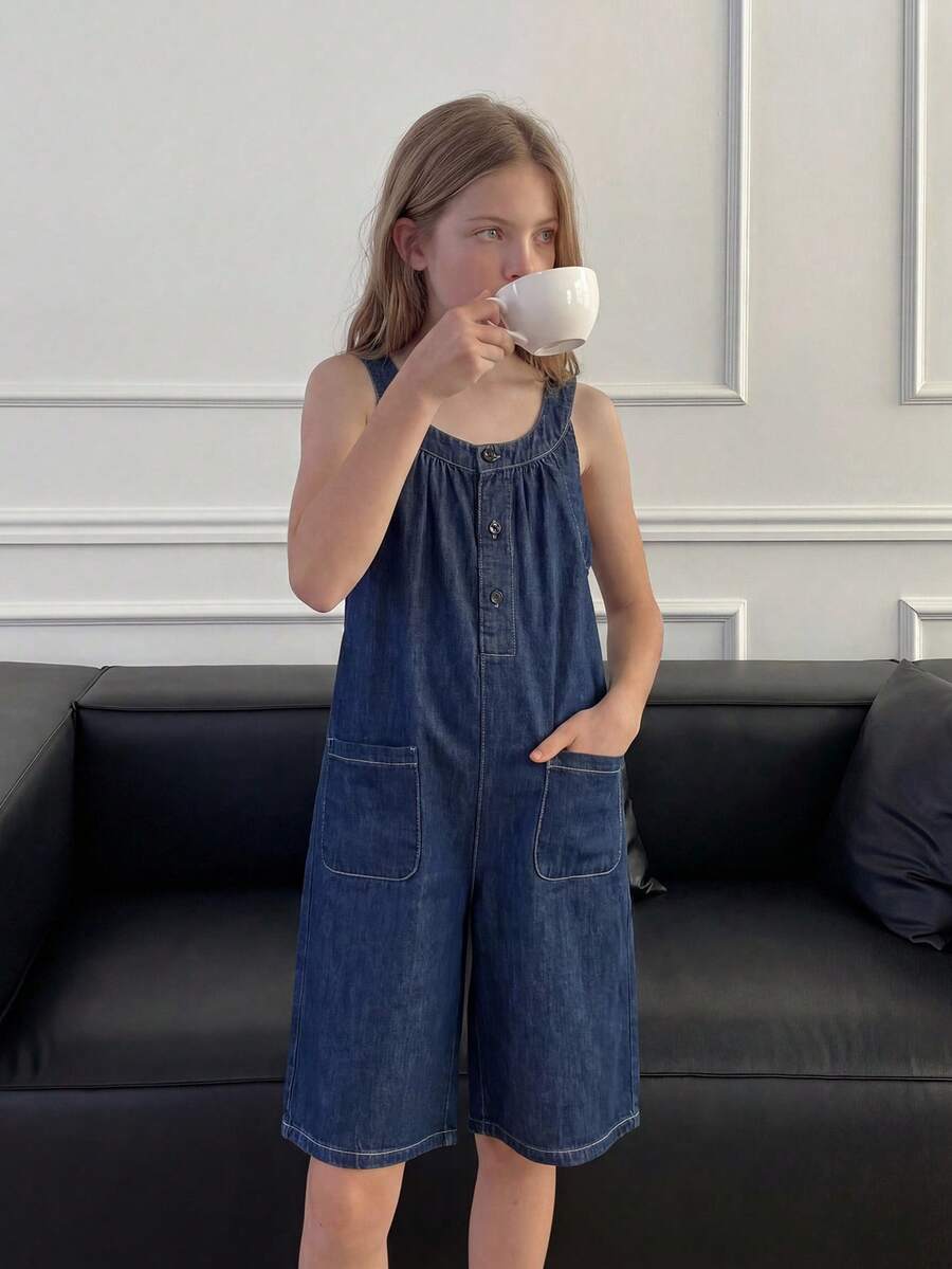 Dazy Kids Bộ áo liền quần denim xếp ly có túi, kiểu dáng thường ngày, dành cho bé gái tuổi teen, thích hợp mặc mùa hè. - Màu xanh lam - Xem 1