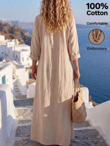 SHEIN Holidaya 夏季100%纯棉精致刺绣连衣裙，海岛度假海滩波西米亚风优雅休闲刺绣V领女士长裙 - 卡其色 - 查看 3