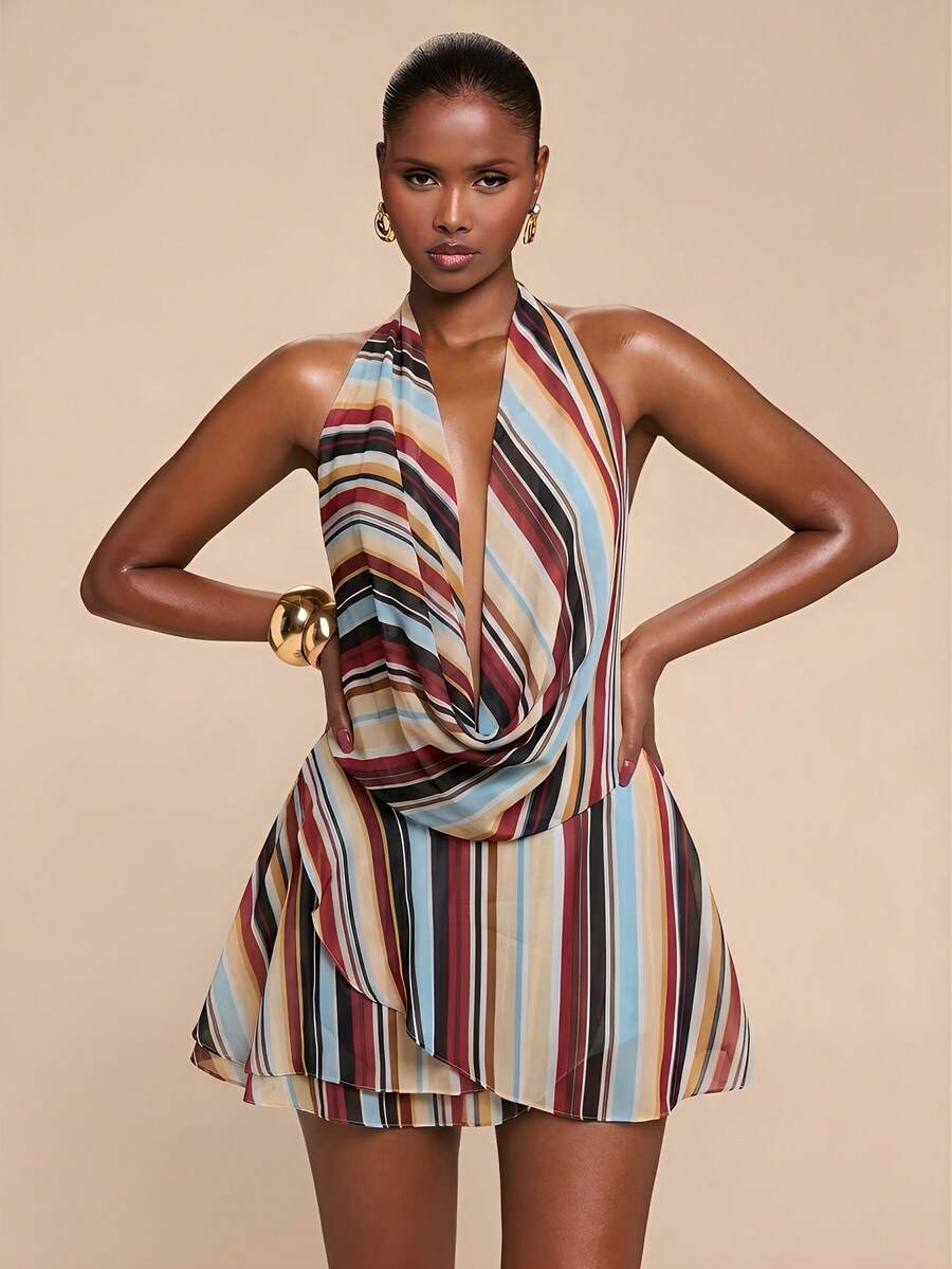 SHEIN BAE Đầm maxi nữ bằng chiffon kẻ sọc nhiều màu sắc, cổ áo choàng, hở lưng, xếp ly, gợi cảm và thanh lịch, thích hợp cho kỳ nghỉ biển, đầm maxi in họa tiết đi biển, đầm đi biển, đầm hở lưng, đầm kẻ sọc, đầm mùa hè, đầm ngày Valentine, đầm dự tiệc, đầm thanh lịch. - Nhiều màu - Xem 1