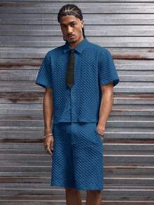 AXEPEAK Men's Solid Color Front Button Short Sleeve Shirt And Loose Shorts Set - Blue - View 3