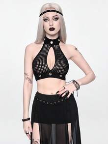 ROMWE Goth Summer Beach Outfits Sheer Knit Halter Cropped Top - Black - View 5