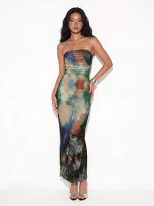 Femmeiva Vestido de mujer con estampado de teñido anudado, de moda para el verano - Verde - Ver 5