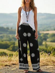 Balvessa Pantalones palazzo de mujer con estampado floral y cintura elástica - Negro - Ver 1