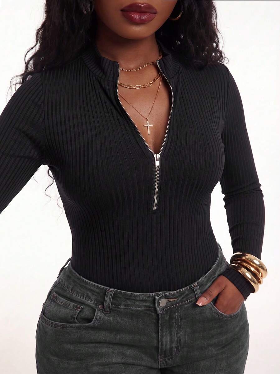 Radiana Plus Size Women Comfortable Casual Long Sleeve Zip-Up Bodysuit For Autumn/Winter Black - Black - View 1