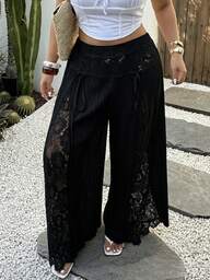 Sunnyshic Pantalones anchos de mujer de talla grande con parches de encaje, diseño ligero y casual para el verano