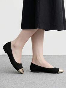 CUCCOO BIZCHIC Women Shoes Spring And Autumn Splicing Square Toe Flat Bottom, Simple Suede Shoes Commuting Shopping - Black - View 3