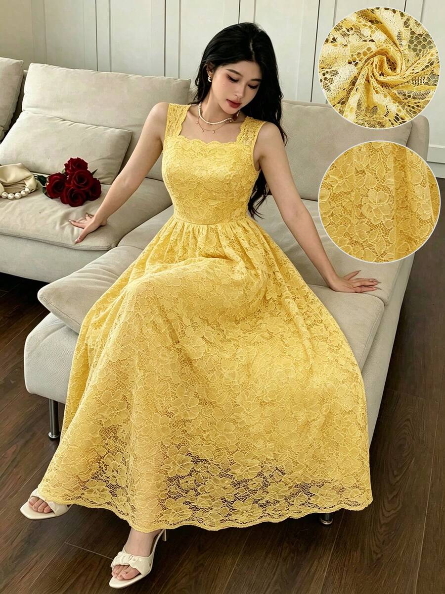 Modelyn Đầm ren vàng, dây đeo vai, vạt bèo nhún, thích hợp cho mùa xuân/hè. - Màu vàng - Xem 1