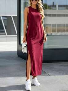 Summer Casual Solid Color Side Slit Sleeveless Dress - Burgundy - View 5