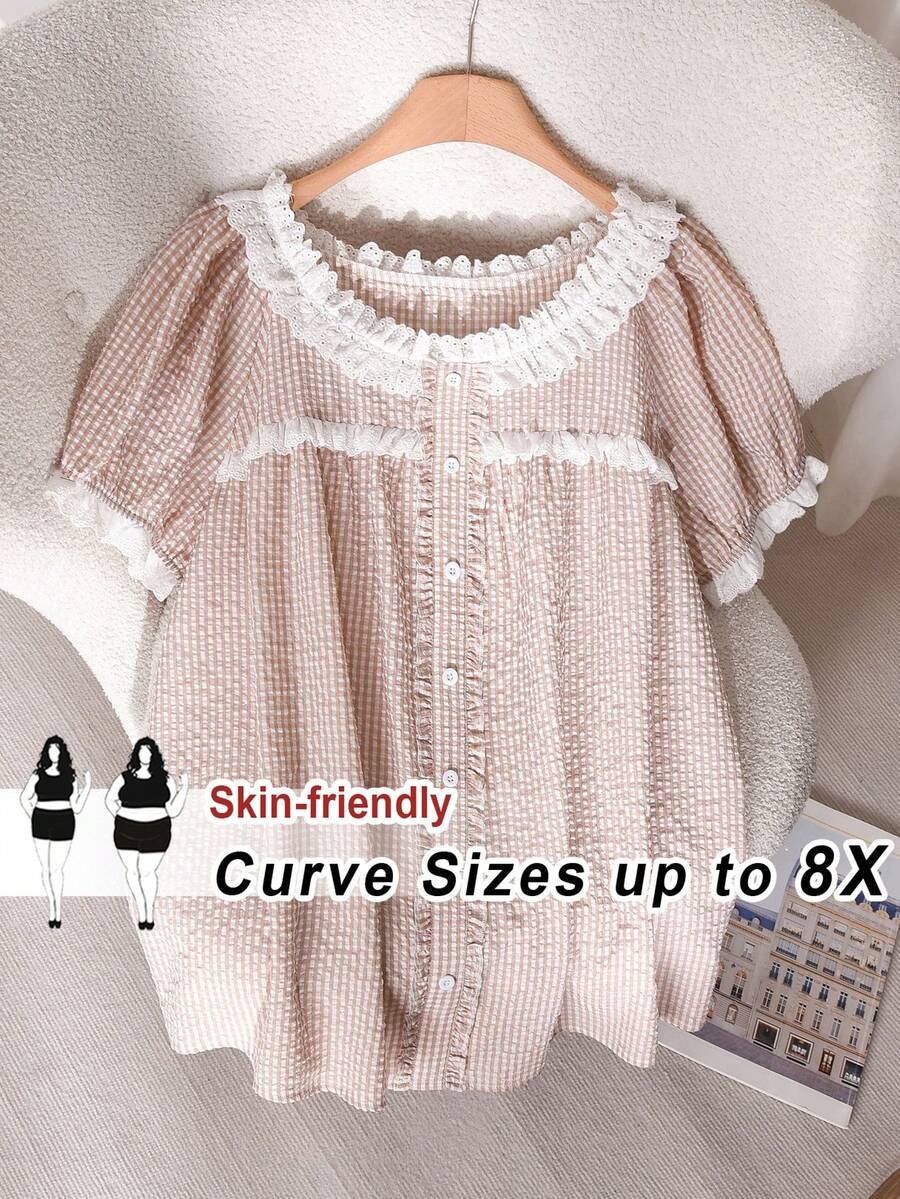 SHEIN CURVE+ 大码女式夏季休闲格子荷叶边短袖衬衫 - 卡其色 - 查看 1