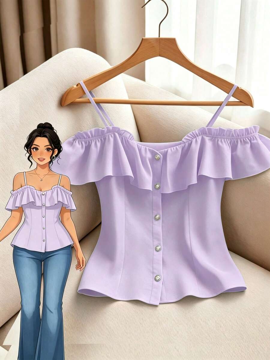 GlowEve CURVE Áo kiểu trễ vai xếp ly thanh lịch dành cho phụ nữ cỡ lớn - Màu tím hoa cà - Xem 1
