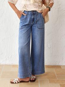 EMERY ROSE Quần jeans nữ dáng rộng, thoải mái, đa năng, có túi bên hông, thích hợp cho kỳ nghỉ và đi làm. - Màu xanh lam - Xem 1