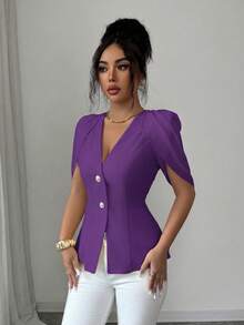 SHEIN Elenzya Áo blazer nữ thanh lịch, lãng mạn, dáng ôm sát, cổ chữ V, xếp ly và thắt eo. - Màu tím  Violet - Xem 7