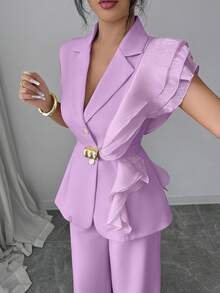 SHEIN Elenzya 女士优雅杏色奢华正式礼服套装，亮片欧根纱荷叶边领系腰西装外套套装，包括无袖外套和直筒裤，酒红色，适合万圣节、圣诞节、新年派对、毕业典礼、婚礼和其他场合。 - 紫色 - 查看 1