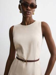 ATUI Studio Women's  Linen Blend Midi Dress With Pockets – Everyday Basic Short Sleeve Dress, Elegant Chic For Summer Beach, Party & Vacation - Khaki - View 7
