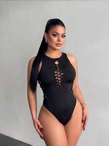 SHEIN SXY Bộ đồ liền thân gợi cảm khoét lỗ màu đen Club Black - màu đen - Xem 7