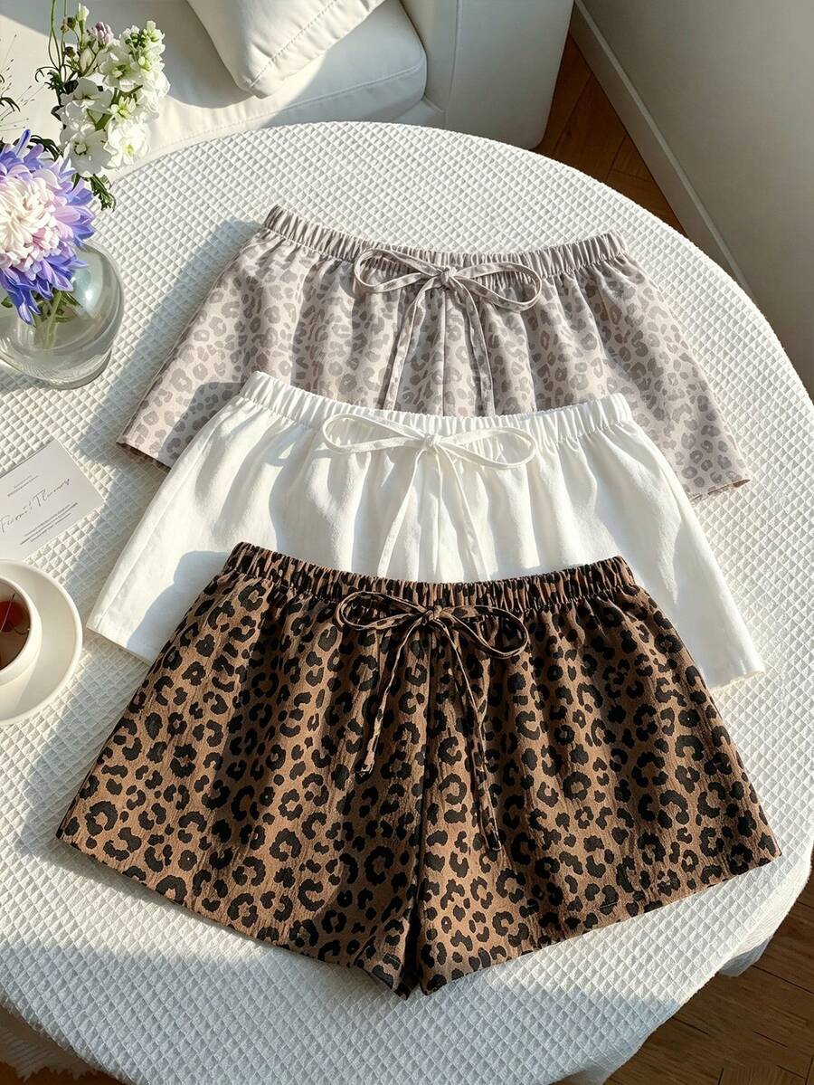 SHEIN Comfortcana Bộ 3 quần short họa tiết da báo cổ điển thoải mái, thích hợp cho các chuyến đi chơi mùa hè, phong cách đường phố, ở nhà, thanh lịch, phong cách Hàn Quốc, kỳ nghỉ biển, trở lại trường học, kỳ nghỉ lễ, trang phục gia đình. - Nhiều màu - Xem 1
