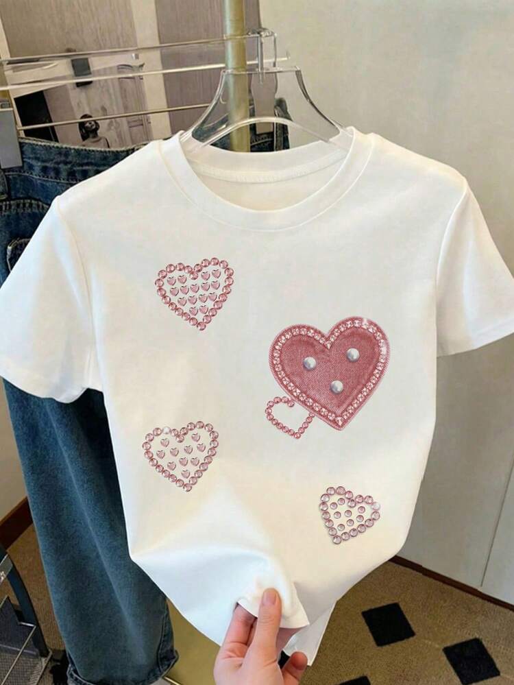 White,Summer,First Birthday Young Girl Casual Fashion Rhinestone Heart Graphic Print Denim Effect Short Sleeve Round Neck T-Shirt,Kids Fashion Tee - Multicolor - View 1