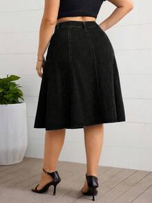 EMERY ROSE Plus Size High Waist Washed Denim Casual A-Line Skirt - Black - View 2