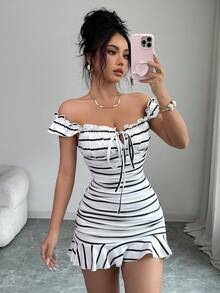 Women's Striped Ruffle Decor Elegant Waist Cinched Long Dress, Suitable For Dates And Parties - Black and White - View 7