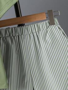 2pcs/Set Boys' Summer Casual Sports Outfit, Navy Blue Base With & White Striped T-Shirt And Loose Shorts, Comfortable Fashionable For Daily Wear - Green - View 7