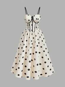 SHEIN MOD Plus Size Women's Polka Dot Print Waist Cinched Camisole Dress,Black,Summer,1920s Flapper,Tea Party Elegant Sequin Prom Graduation Formal Party Dress - Black and White - View 2