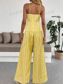 INAWLY Conjunto de 2 piezas de top de tirantes con lazo y pantalones de pierna ancha a rayas elegante para vacaciones de mujer - Amarillo - Ver 2
