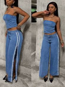 StreetHx Bộ đồ nữ phong cách thường ngày đường phố gồm áo quây denim dáng ngắn và quần ống rộng kẻ sọc tương phản có cúc cài bên hông, thích hợp cho mùa xuân/hè. - Rửa nhẹ - Xem 6