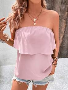 Breezaya Women's Solid Color Ruffle Hem Bandeau Top For Vacation - Baby Pink - View 3