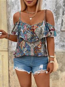 SHEIN Holidaya Áo sơ mi in họa tiết cỡ lớn dành cho nữ, thích hợp cho các buổi hẹn hò, kỳ nghỉ lãng mạn, mặc hàng ngày, thời trang đa năng, mùa xuân/hè. - Nhiều màu - Xem 5