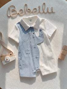 Baby Boy Cute Casual Color Block Cartoon Elephant Pattern Lapel Romper - Blue - View 1