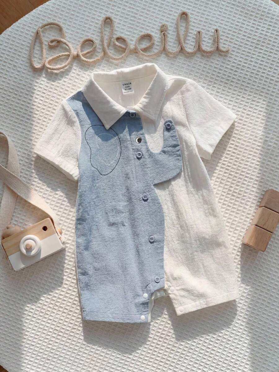 Baby Boy Cute Casual Color Block Cartoon Elephant Pattern Lapel Romper - Blue - View 1