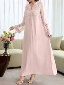 Al Najma V领喇叭袖拼接3D刺绣花卉饰边长袍，春夏款 - 粉色 - 查看 7