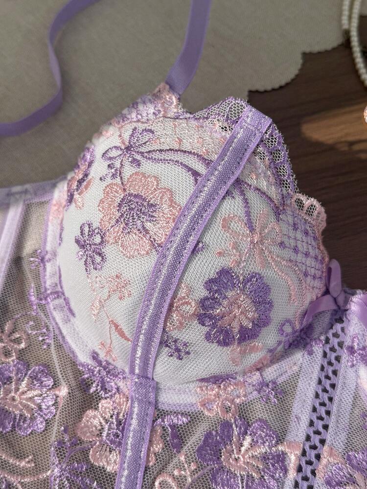 SHEIN 2件套女士白色浪漫长款文胸内衣套装 - 淡紫色 - 查看 4