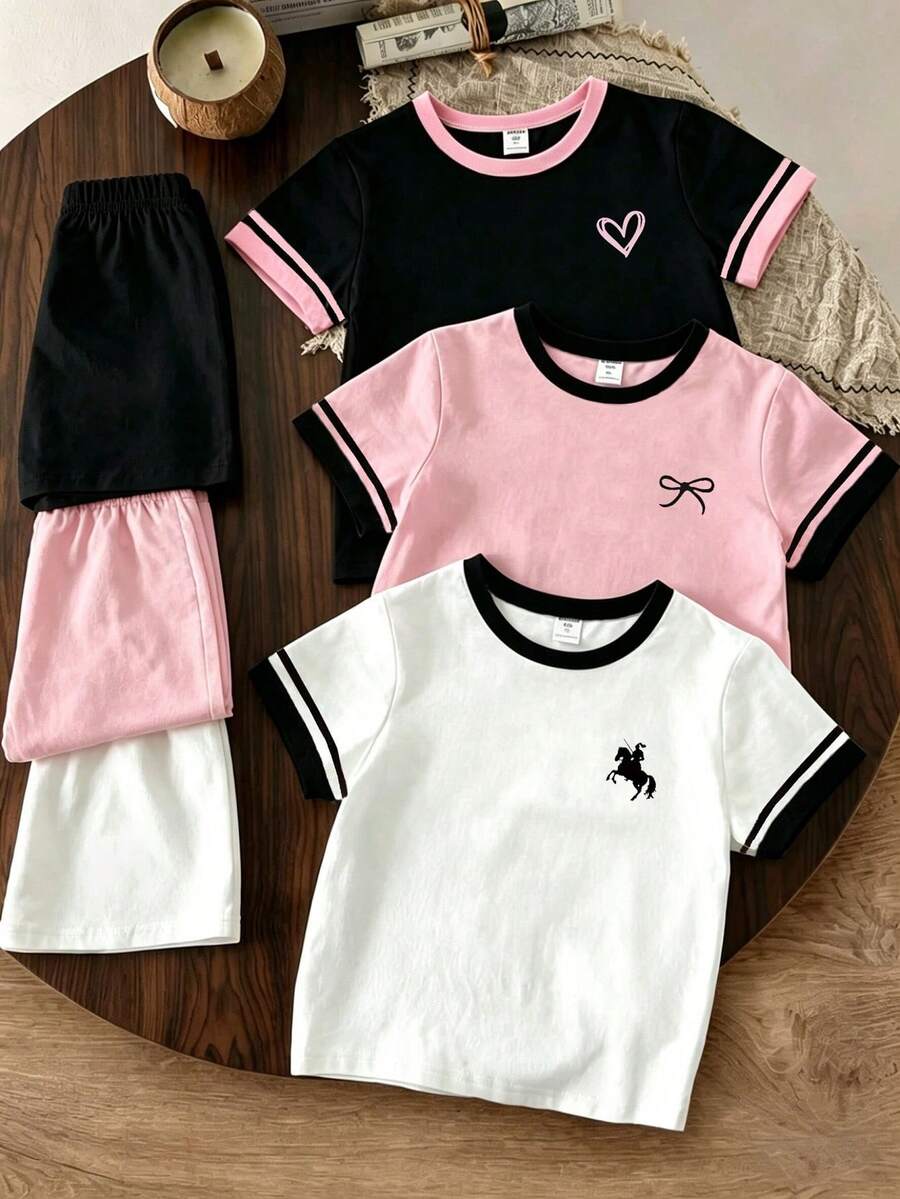 Souflis Souflis Conjunto informal de 6 piezas/set con camiseta de manga corta de cuello redondo con estampado floral y ribete de contraste, y shorts para niña joven - Multicolor - Ver 1