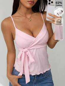 SHEIN PETITE 女士秋冬新品 - 甜美休闲粉色清新少女风侧系带荷叶边吊带背心 - 粉色 - 查看 6