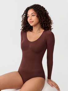 Loungeista 1pc Women's Seamless Crew Neck Long Sleeve Shapewear, Full Coverage Comfortable Bodysuitfor Summer - Brown - View 2