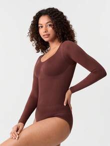 Loungeista 1pc Women's Seamless Crew Neck Long Sleeve Shapewear, Full Coverage Comfortable Bodysuitfor Summer - Brown - View 6
