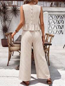 SHEIN Holidaya Bộ đồ thường ngày 2 món dành cho nữ: áo và quần kẻ caro cổ tròn nhún bèo. - Nhiều màu - Xem 2